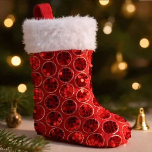 Gros plan d'un bas de Noël rouge festif avec bordure en fausse fourrure blanche.