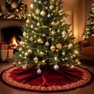 Luxury Red Velvet Christmas Tree Skirt with Gold Embroidery for Holiday Party Decor