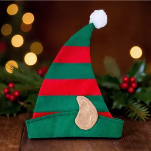 Christmas elf hat red green striped party costume with cute pointy ear and white pom-pom.