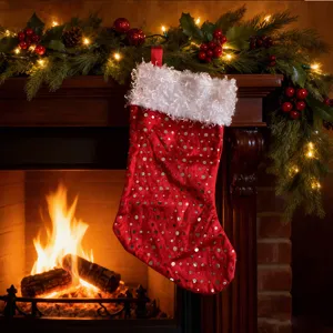 Chaussette de noël suspendue à la cheminée en tissu rouge avec bordure en peluche déco