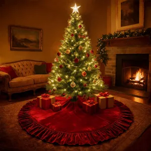 Luxury red velvet Christmas tree skirt with ruffles, elegant holiday home decor scene.