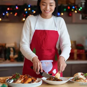 Christmas apron detail scene showing festive Santa Claus design and warm kitchen background.
