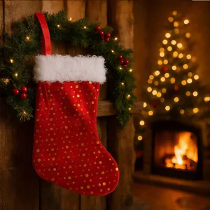 Gros plan de la chaussette de Noël rouge à pois dorés et bordure en fausse fourrure blanche.