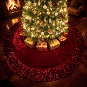 Red velvet Christmas tree skirt with ruffled edge holiday party decor mat tree base