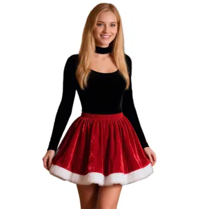 Weihnachten Samtkleid sexy Party Outfit schwarzes Oberteil roter Rock Damen Kostüm