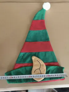 Green and red striped elf hat detail view, featuring a white pom-pom and cute ear design.