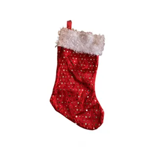 Chaussette de Noël en velours rouge sac cadeau cheminée décoration avec manchette moelleuse blanche