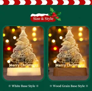 Detailed view of 3D Christmas tree night light with white and wood grain base styles