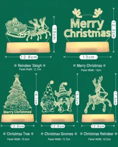 Detailed dimensions for various Christmas themed 3D acrylic night light styles