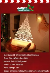 Close-up of 3D LED Christmas tree night light with warm white glow and wooden base