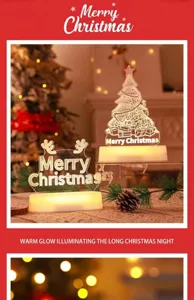 Detail view of 3D acrylic Christmas tree night light with warm yellow glow