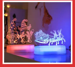 Detailed view of 3D Christmas night lights with glowing acrylic reindeer and gnomes