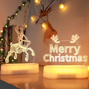 Creative 3D acrylic reindeer and Merry Christmas night lights with warm LED base.