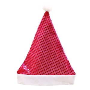Bonnet de Père Noël à sequins rouges avec bordure en peluche blanche pour fête de Noël.