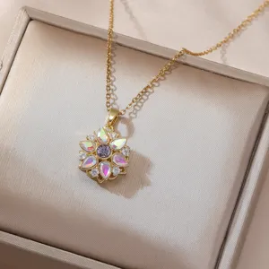 Exquisite floral pendant necklace featuring colorful iridescent petals and sparkling crystal stones.