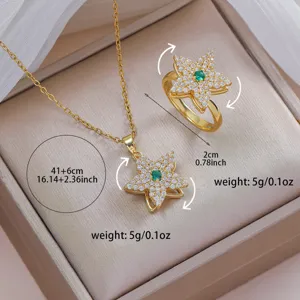 Detailed shot of rotating star cubic zirconia necklace and ring set, premium gold finish.