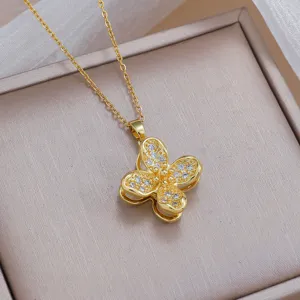 Gold four-leaf flower rotating zircon necklace elegant clavicle chain fashion jewelry accessory