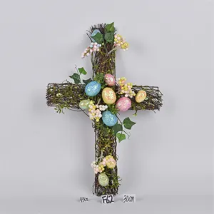 Easter vine cross wreath with colorful glitter eggs berries spring home wall hanging decor