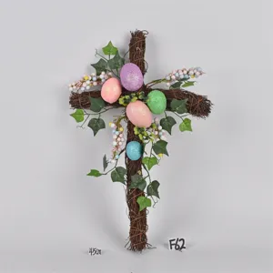 Easter vine cross wreath hanging decoration with colorful glitter eggs and berries 45cm