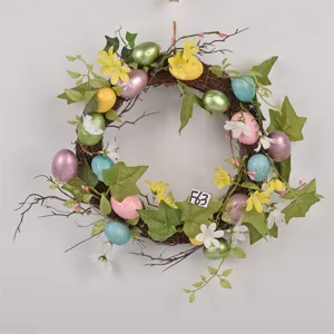 Easter decorative vine wreath with colorful eggs and flowers for spring home window display.