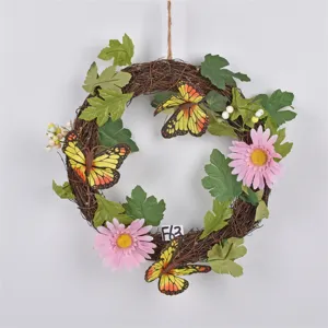 Spring vine wreath with pink daisies and yellow butterflies for Easter holiday home decoration