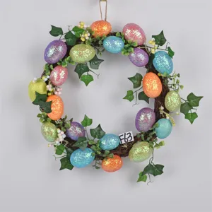 Easter Vine Cross Wreath Colorful Eggs Artificial Flowers Hanging Ornament Spring Home Decor
