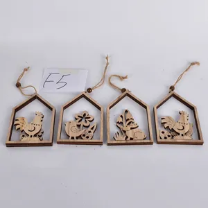 Easter wooden hanging ornaments set, rustic hollow bunny and rooster wall decor for holiday party.