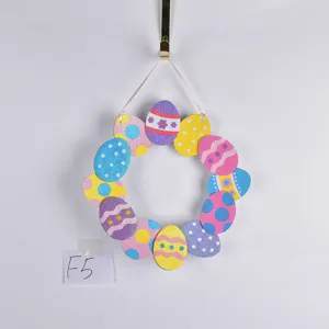 Easter egg wooden wreath hanging decoration, colorful glitter patterned door and wall ornament.