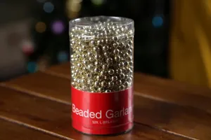 Gold plastic beaded garland for Christmas tree decoration, 32ft long party hanging decor.