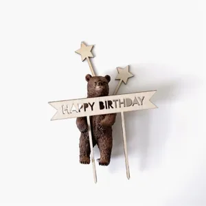 Wooden Happy Birthday Cake Topper Set Laser Cut Natural Wood Dessert Decoration For Birthday Party Desserts Cupcake Decor