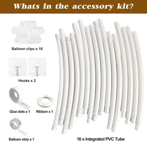 Ballongirlande Zubehör-Set mit 16 PVC Rohren, Clips, Haken und Klebepunkten für Partydeko.