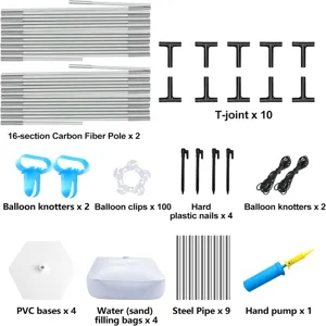 Detailed view of balloon arch kit parts including carbon fiber poles, bases, and clips.