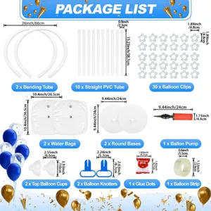 Balloon arch stand kit with bending tubes, water bags, balloon clips and pump for parties.