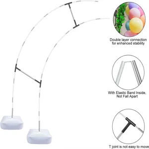 Detail shot of double layer balloon arch stand with T-joint and elastic band inside structure.