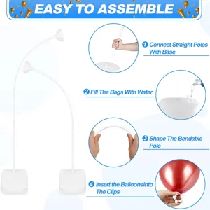 Balloon arch kit with bendable poles, water bags, and bases for party decorations.