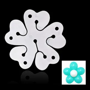 Balloon flower clip detail view showing clear plastic six-in-one design for party decor.