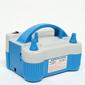 Detailed view of the electric balloon pump with blue and grey body, handle, and nozzles.