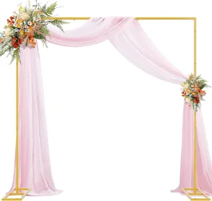 Metal square wedding arch backdrop stand kit with pink draping fabric and floral decor.