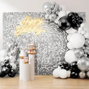 Silver shimmer sequin wall backdrop panel kit for party, birthday, and wedding decoration.