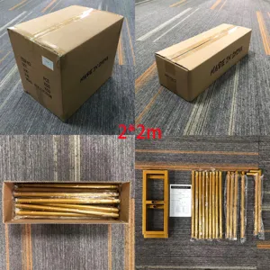 Details of square adjustable metal backdrop stand kit, showing box and golden tubes parts.