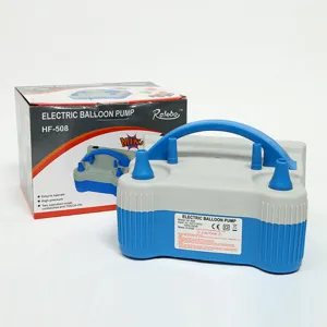 Electric balloon pump detail shot showing dual nozzle design and clear packaging box.