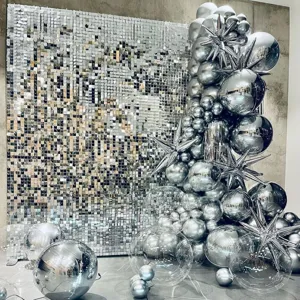 Mur de fond en sequins argentés avec kit d'arche de ballons métalliques pour mariage, fête.