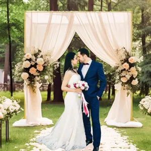 Metal square wedding arch backdrop stand kit with fabric drape and floral decor for party event.