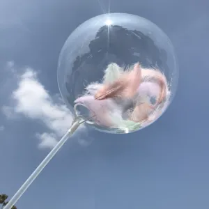 Transparent bobo balloon filled with colorful fluffy feathers for party decoration.