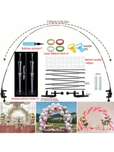 Detailed view of desktop balloon arch kit components, including poles, pump, and ribbons.