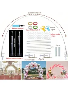 Balloon arch kit details showing component accessories, pump, buckles, and scenic party setups.