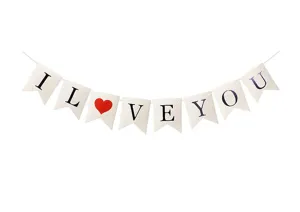 Detailed view of white swallowtail banner featuring black letters spelling I LOVE YOU with a red heart.