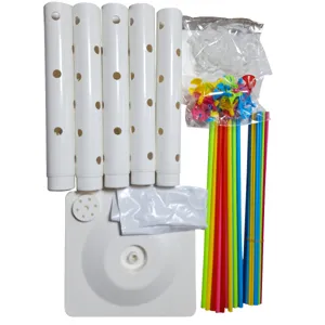 Balloon column stand kit parts detail view, including base, tubes, rods and clips for party decor.