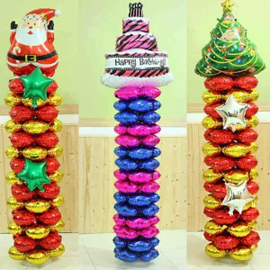 Detailed view of festive balloon column stands, perfect for birthday and holiday party decor.