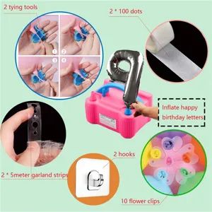 Detailed view of electric balloon pump accessories including tying tools, clips, and strips.
